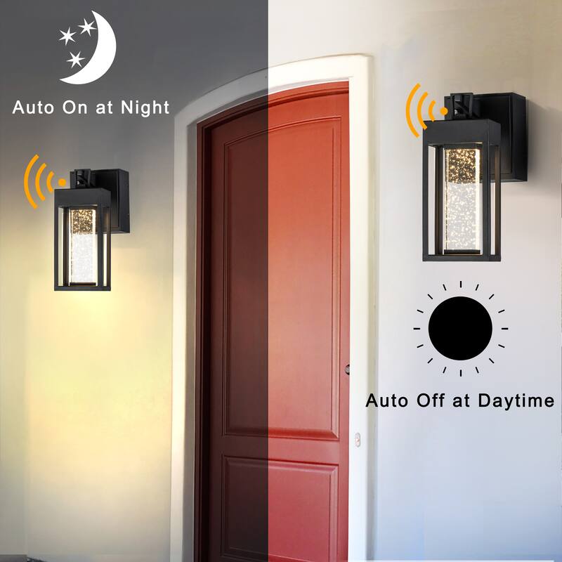 Modern LED Outdoor Black Dusk to Dawn Sensor Wall Lantern Sconce with Seeded Glass and built-in GFCI Outlets