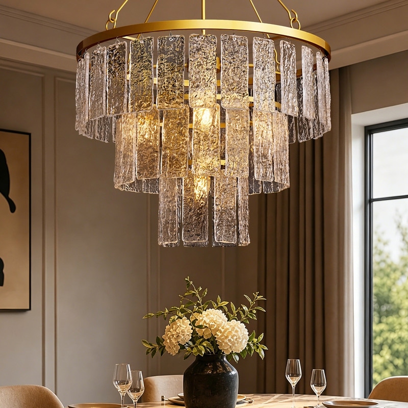 24 in. Modern Gold Glass Chandelier 8-Light 3 Tiers Textured Glass Pendant Light with Adjustable Chain for Dining Room