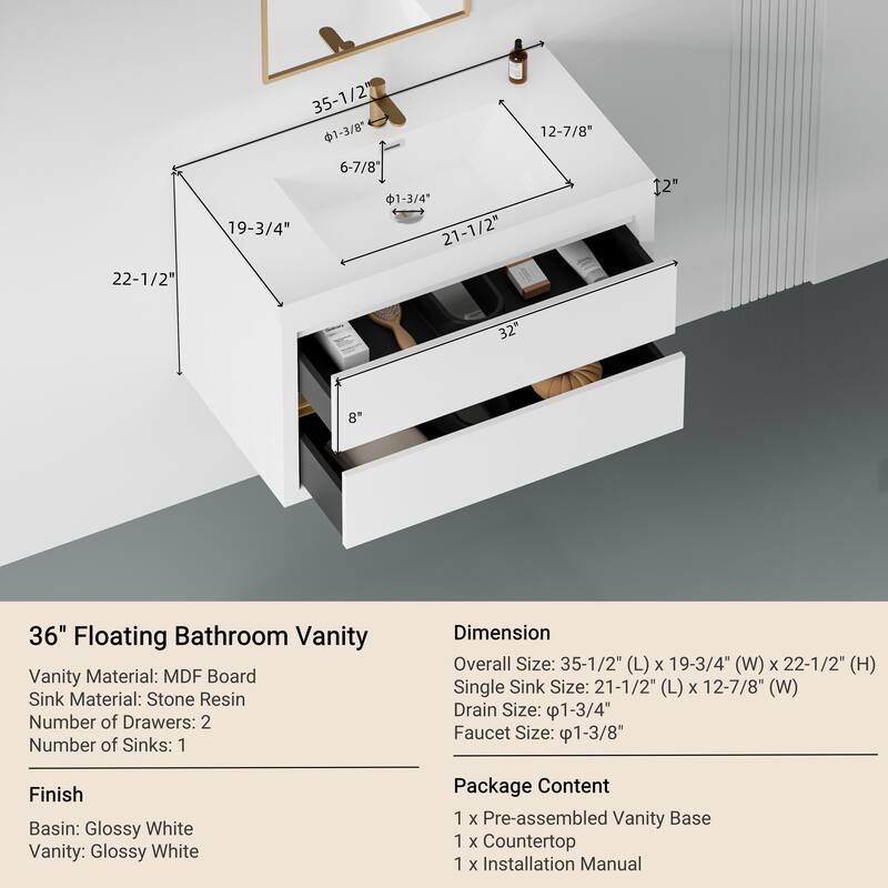 GDFStudio - Maxwell Floating Bathroom Vanity with Stone Resin Countertop & Soft-Close Drawers