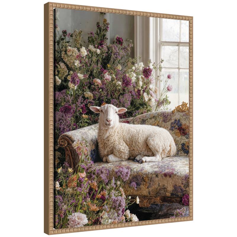 Kate and Laurel Cute Sheep in Romantic Flowers by Michael Schauer Framed Canvas Wall Art Print - 18 x 24 - Brown