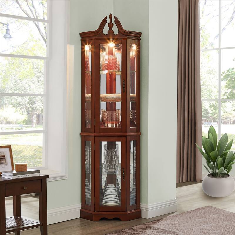 Corner Curio Display Cabinet with Tempered Glass Shelves (Bulb Not Included) - Walnut
