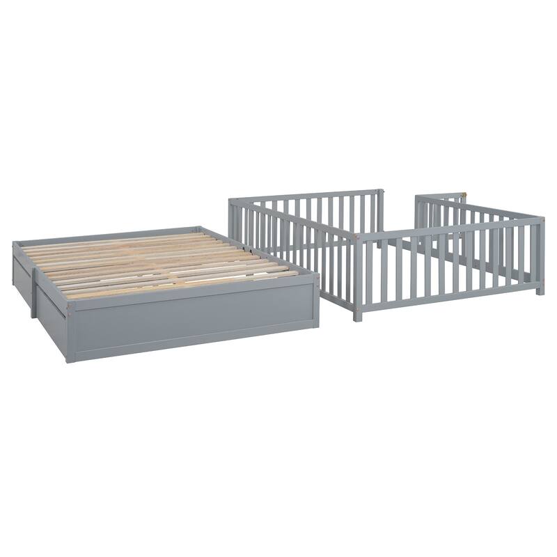 Full Size Wood Daybed with Fence Guardrails and 2 Drawers, Converts to Floor Bed or Daybed, Gray