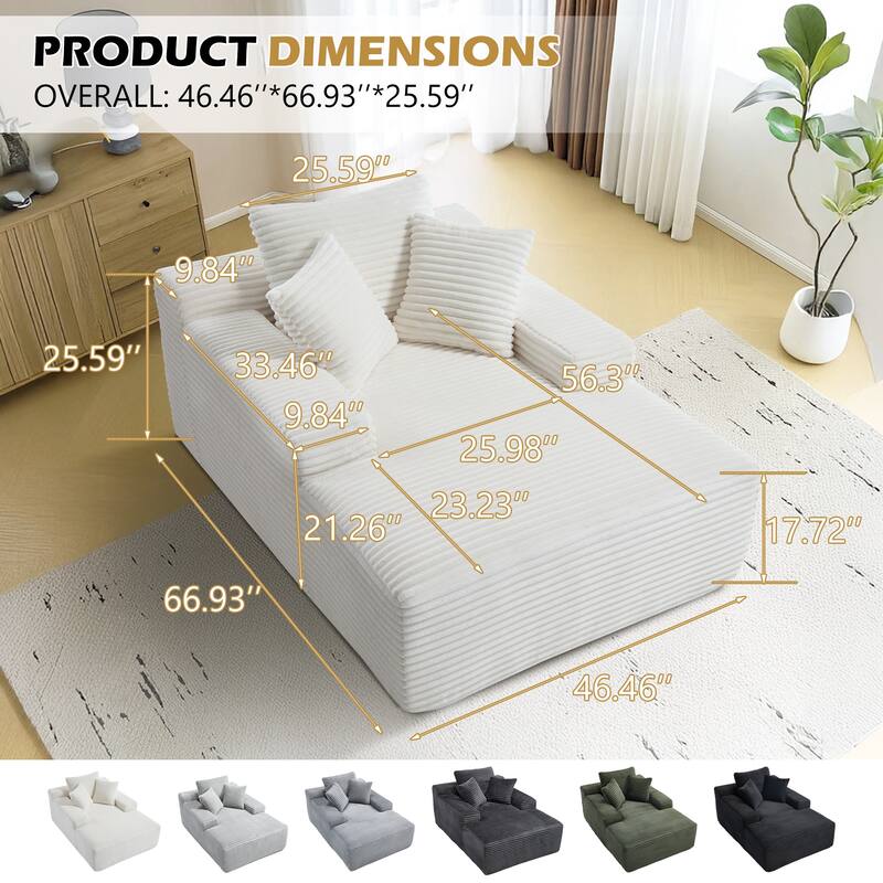 Roomfitters 67" Oversized Chaise Lounge, Corduroy Boneless Sleeper Sofa with 9.9" Wide Armrests