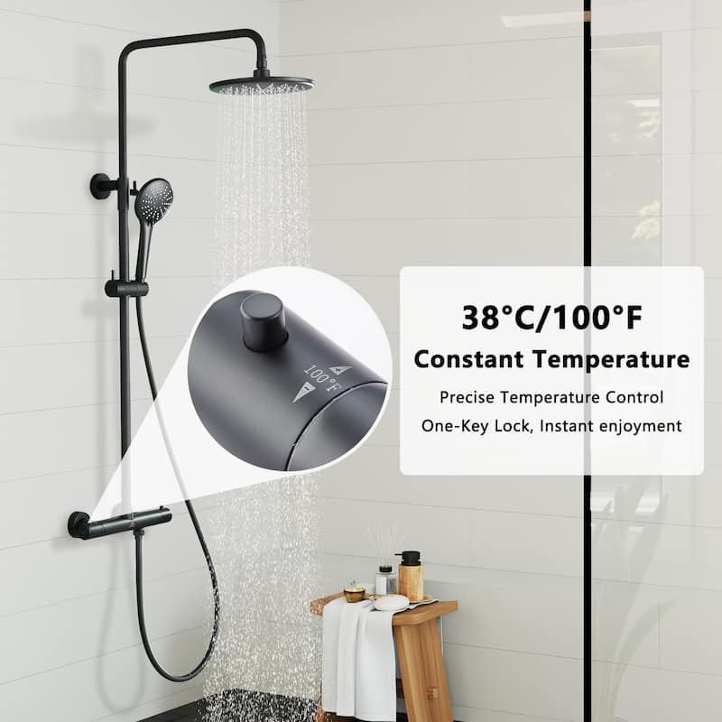 3-Spray Patterns Thermostatic Rain Shower Faucet Wall Mount Dual Shower Heads and Handheld Shower Head - 9" x 9"