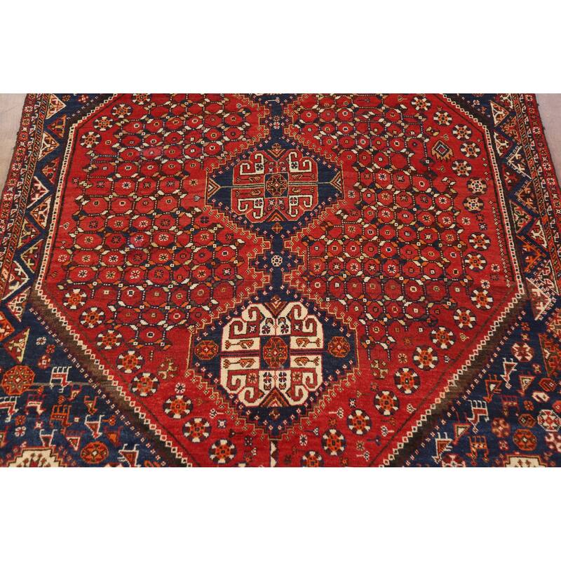 Hand Knotted Oriental 100% Wool Carpet Traditional Geometric Red Shiraz Area Rug - 8' 7'' X 5' 8''