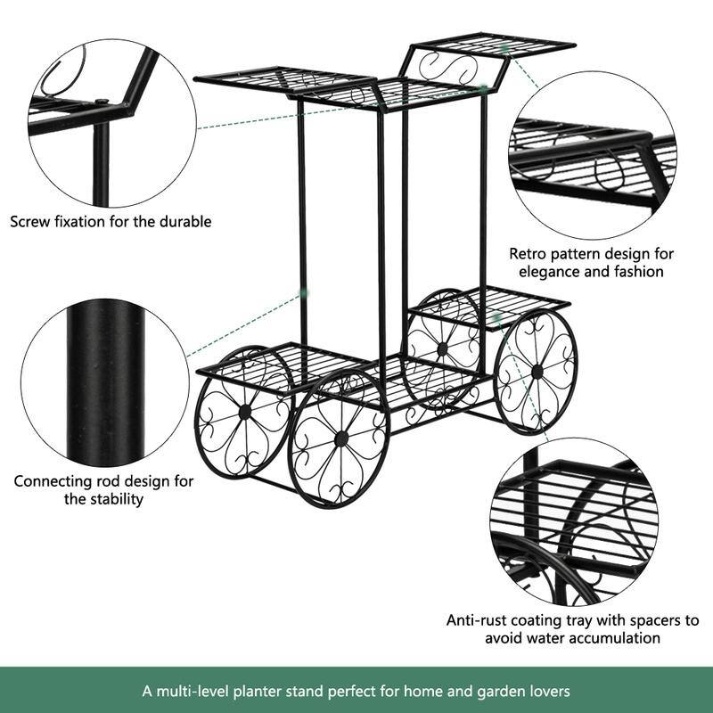 Zimtown Paint Iron Car Shape 6 Plant Stand Black