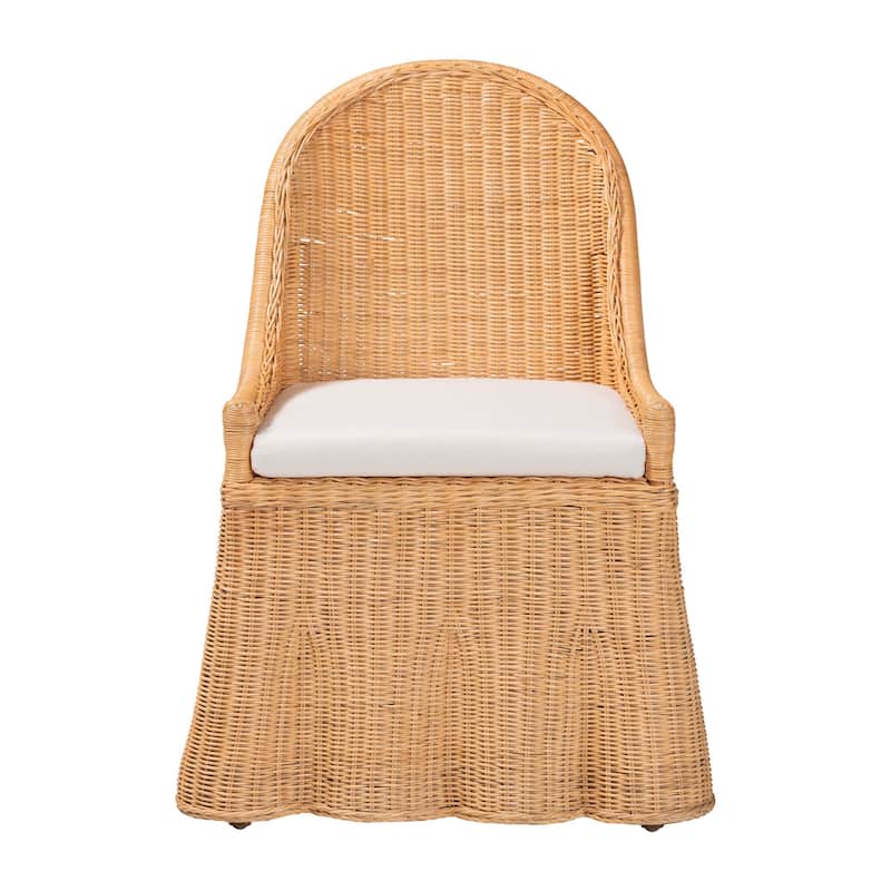 Maya Natural Rattan Accent Chair - Hand Woven Wicker Dining Chair with Scalloped Skirt and Cushion, Coastal Boho Style Seating