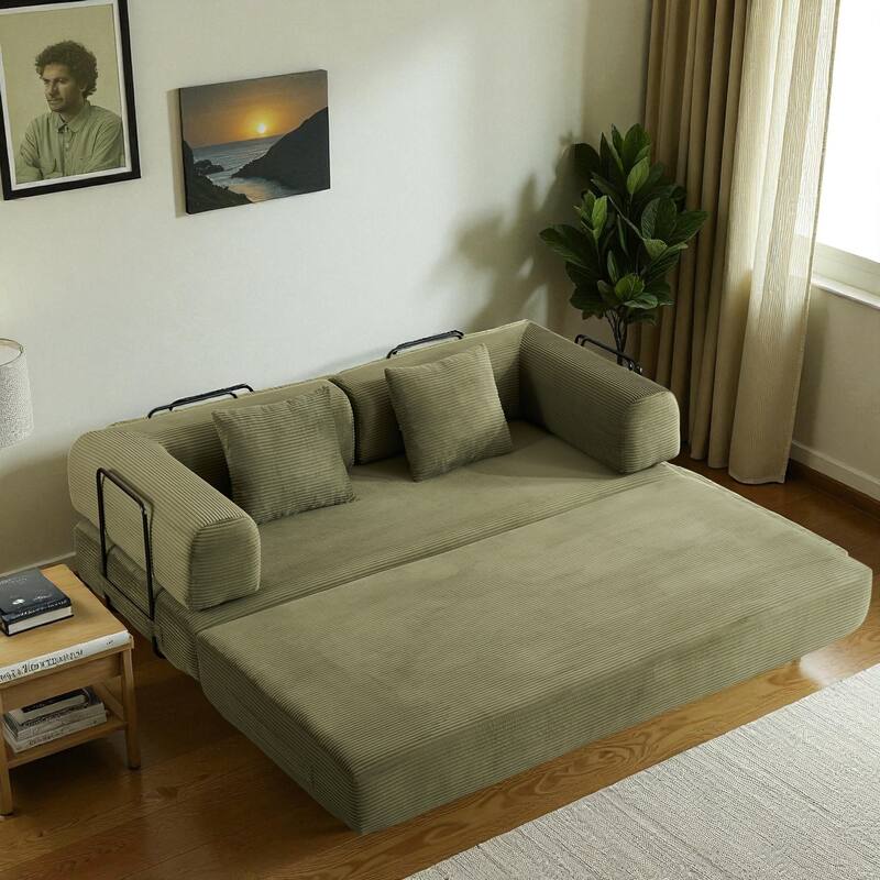 Convertible Corduroy Sleeper Sofa Bed, 4-in-1 Folding Mattress Couch with Cylindrical Pillow & Fixed-Shape Frame, No-Assembly