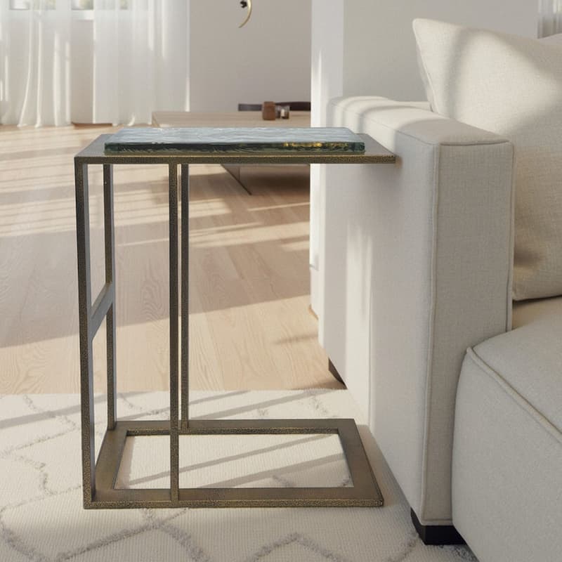 Castella C Shaped End Table - Powder Coated Iron Frame and Glass Top Accent Table Antique Brass Finish - Gold