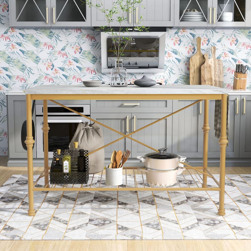 Avya Contemporary White and Gold 58-inch Wide Marble Top Kitchen Island by Furniture of America