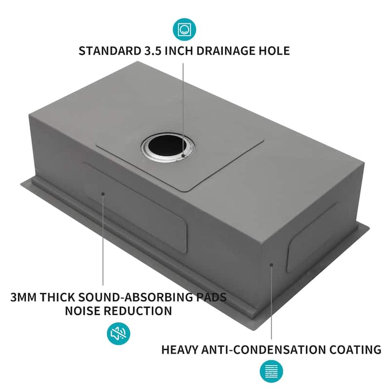 28/33 In. Undermount Single Bowl 16 Gauge Brushed Nickel Bowl Stainless Steel Kitchen Sink Basin