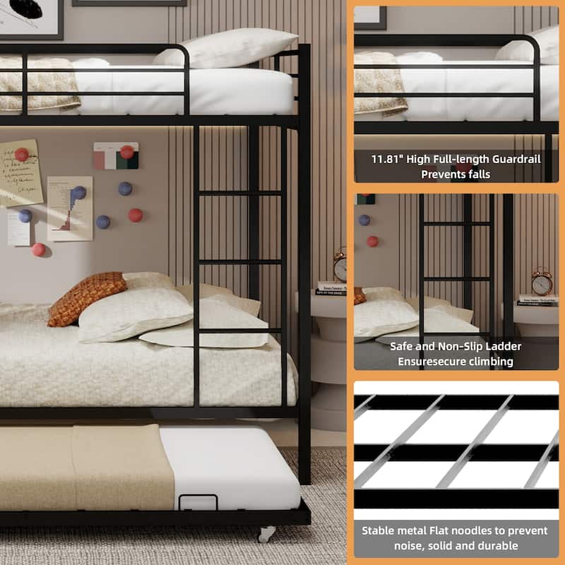 Metal Bunk Bed with Trundle and Safety Rails Modern Minimalist Design for Kids Guest or Shared Rooms