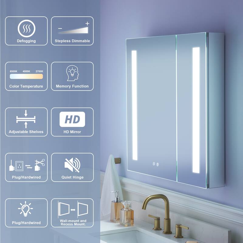 Recessed or Surface 30" H LED Mirror Cabinet with Adjustable Glass Shelves,Defogger, Dimmer And Outlets & USB Ports