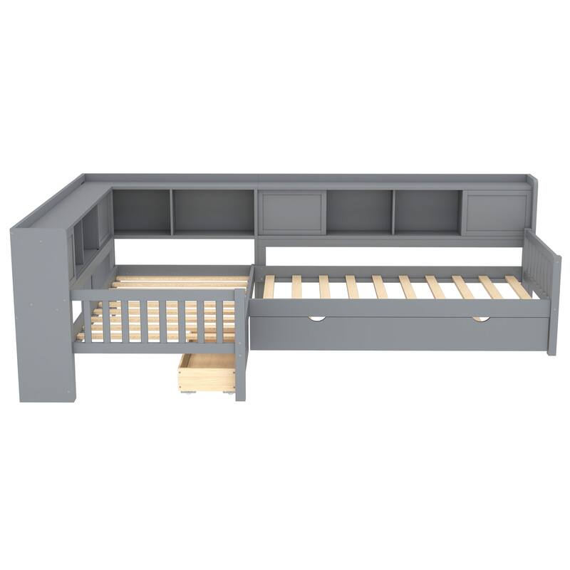 L Shaped Twin Platform Bed with Pull Out Trundle and Drawer, Solid Wood Twin Size Bed Frame with L Shaped Storage Bookcases