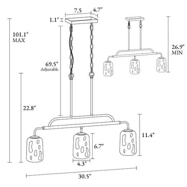 Modern 3-Light Linear Glass Chandelier Black Gold Island Lights - W30.5 ...