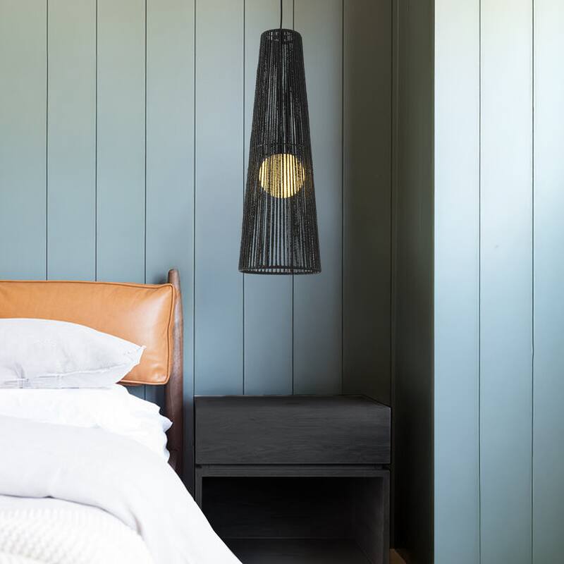 1-Light Modern Black Hand-Woven Rattan Chandelier Bubble Trasitional Cylinder Medium Natura Pendant Light For Bedroom - W10''