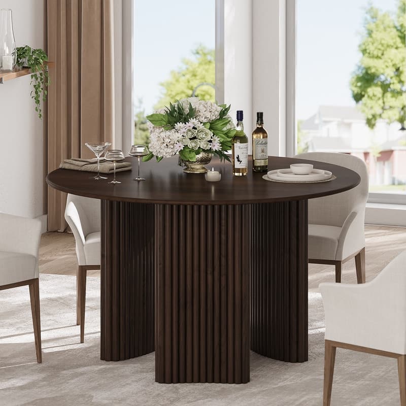 46" Round Dining Table Kitchen Table for 4 with Arc-Shaped Edge Top and Fluted Pedestal Legs for Living Room Dining Room Coffee