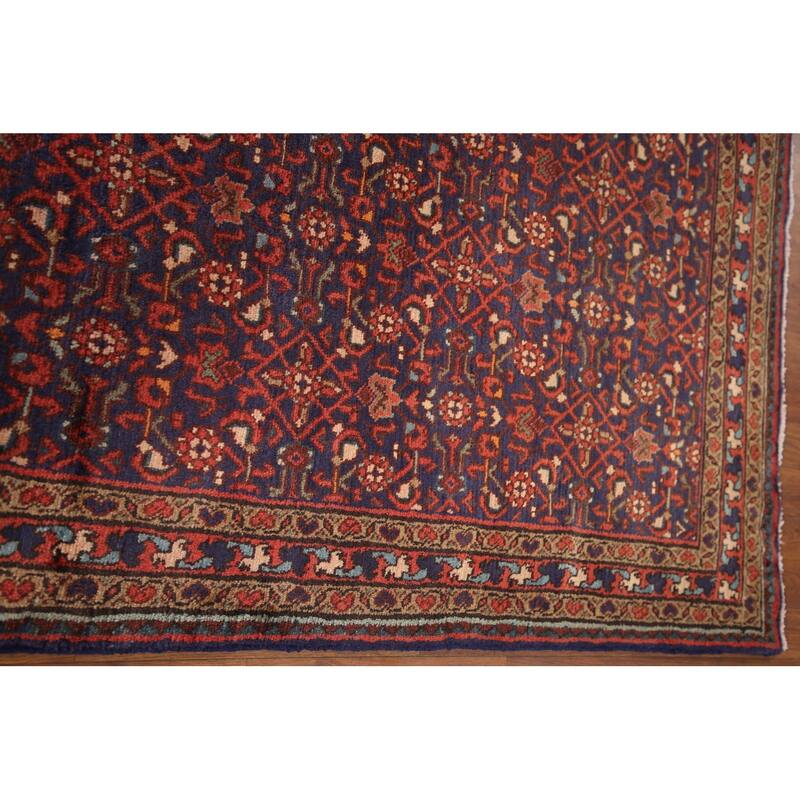 Hand Knotted Oriental 100% Wool Carpet Traditional Geometric Navy Blue & Blues Mahal Runner Rug - 9' 8'' X 3' 7''