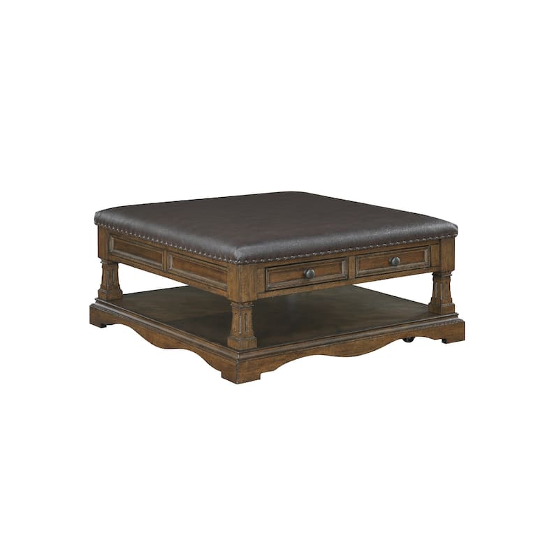 Rox Coffee Table, 39 Inch Brown Faux Leather Top, 4 Drawers and Shelf