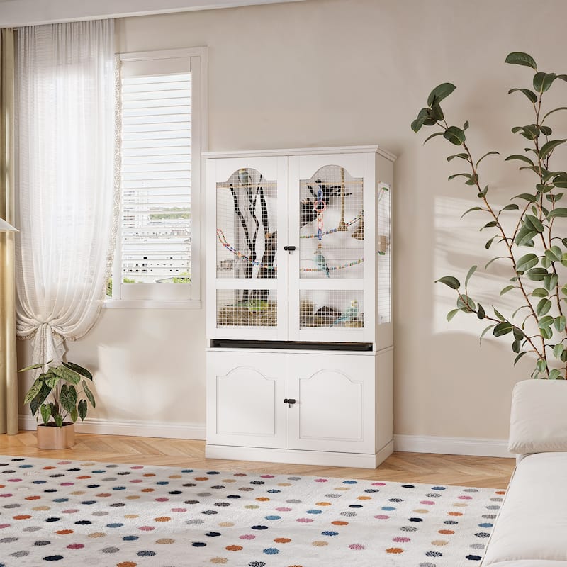 Large Wooden Bird Cage Cabinet with Storage, White Bird Aviary with Metal Mesh & Removable Tray, Indoor Bird Cage Furniture