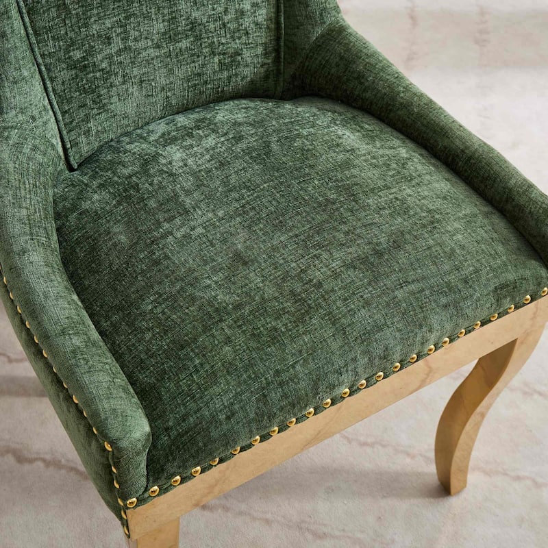 Chenille Dining Chairs, Modern Upholstered Accent Chair with Curved Gold-Plated Legs & Rivet Trim, Plush Fabric, Set of 2