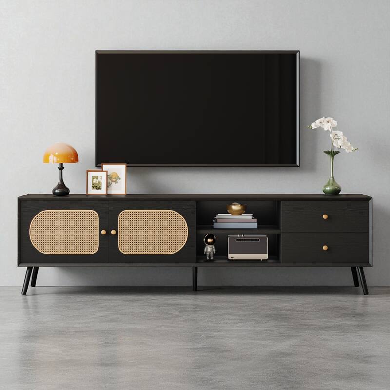 70" Mid Century TV Stand with Rattan Doors, 2 Drawers & Open Shelf for TVs up to 80", Black Wood Entertainment Console - Black