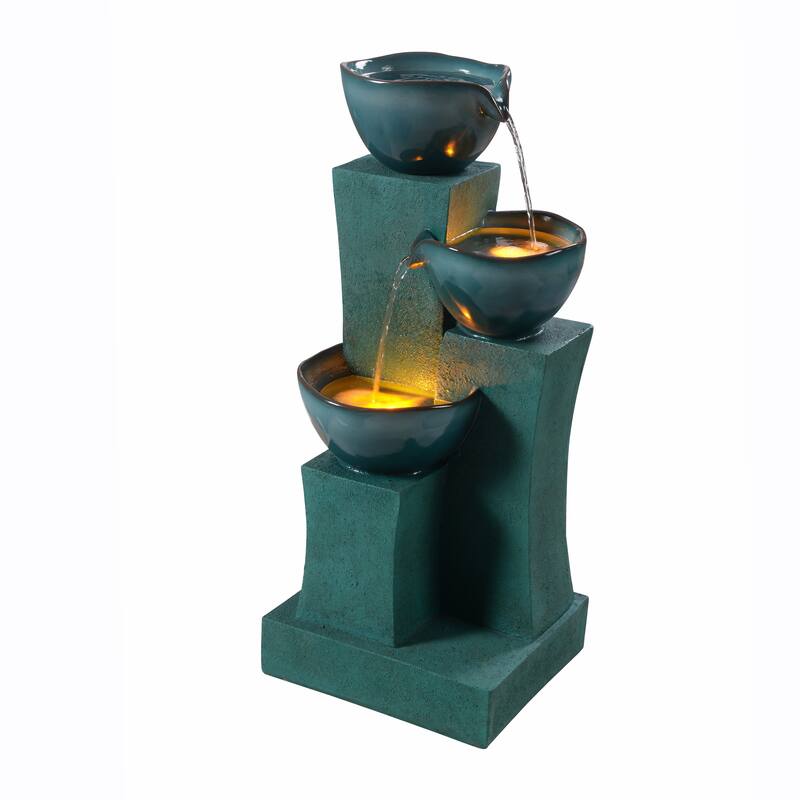 Teamson Home 28.54" 3-Tier Outdoor Fountain with LED Lights, Weather-Resistant Polyresin for Patio Garden Deck Decor - Green
