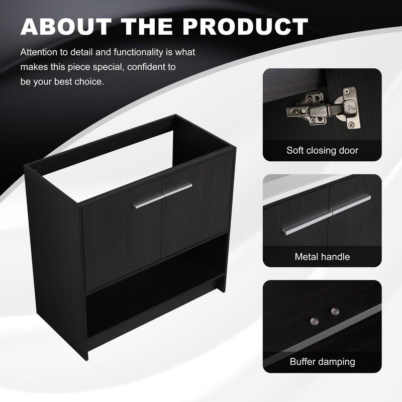 GDFStudio - Lisbon Modern Minimalist Freestanding Bathroom Vanity Cabinet with Soft Close Doors, Open Shelf, Sink NOT INCLUDED