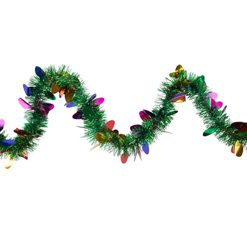 50'x2" Green Multi-Color Christmas Light Bulb Wrapped Tinsel Garland