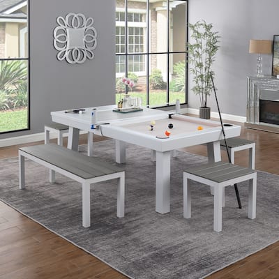 Norwalk Indoor/Outdoor 7ft Slate Pool Table 6-Seater Dining Set with 4 Benches & Accessories, White Finish