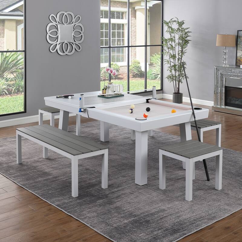 Newport Outdoor Patio 8ft Slate Pool Table 6-Seater Dining Set with 4 Benches & Accessories, White Finish