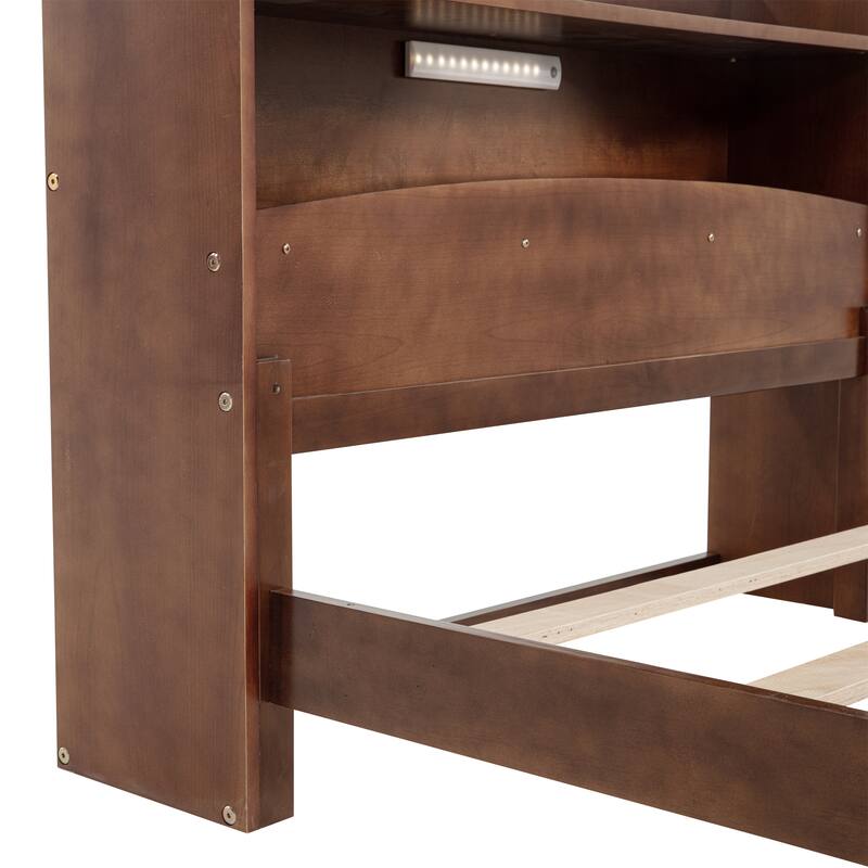 Full Size Pine Bed w/ Bookcase Headboard ,LED Sensor Light, Guardrails