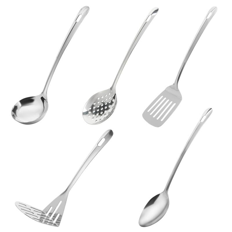 Stainless Steel Kitchen Serving Utensils, Cooking, Long Handle, Hanging Hole - Set of 5 Utensils