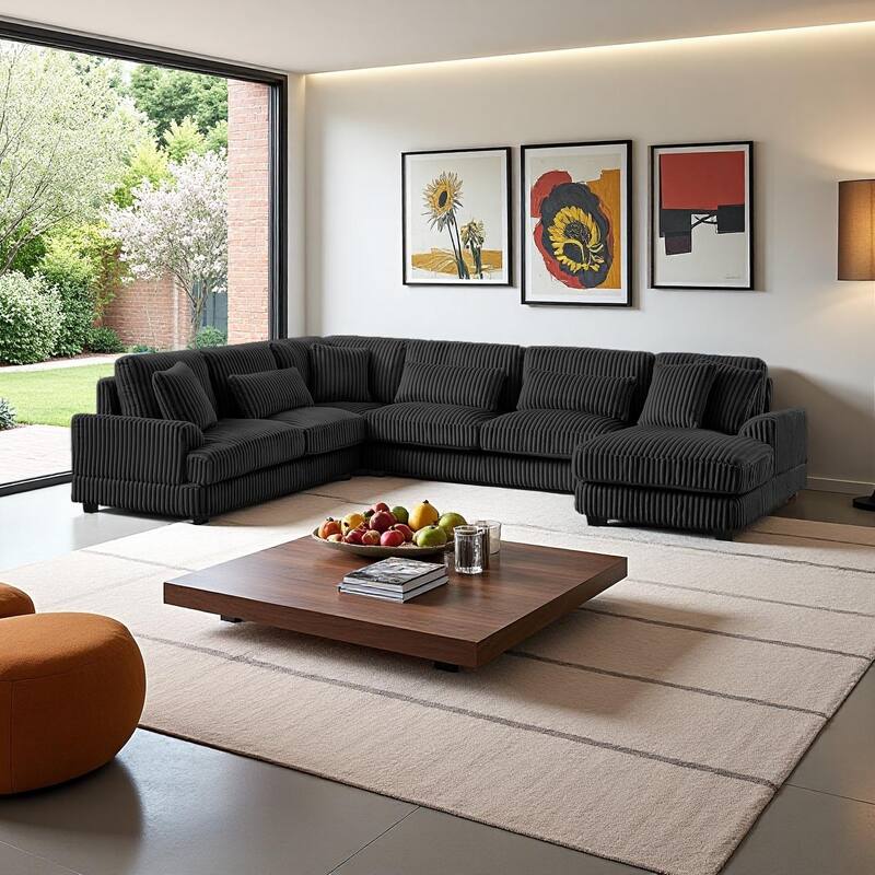 Oversized Corduroy Sectional Sofa with a Chaise - Black