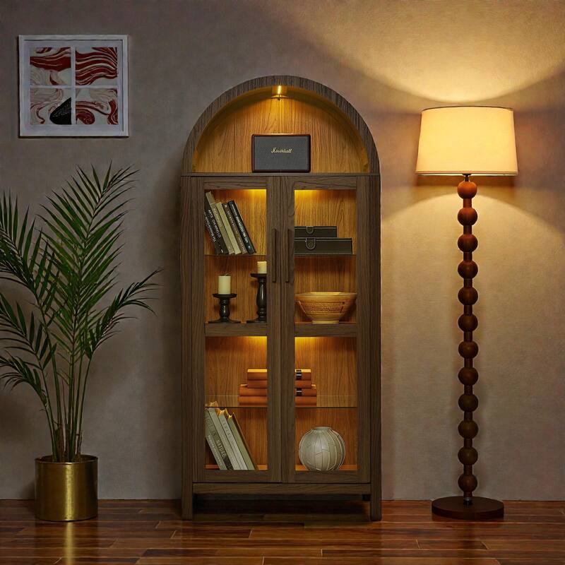High Arched Wooden Storage Cabinet with LED Light, Adjustable Glass Shelves, Modern Retro Multi-Functional Display Locker