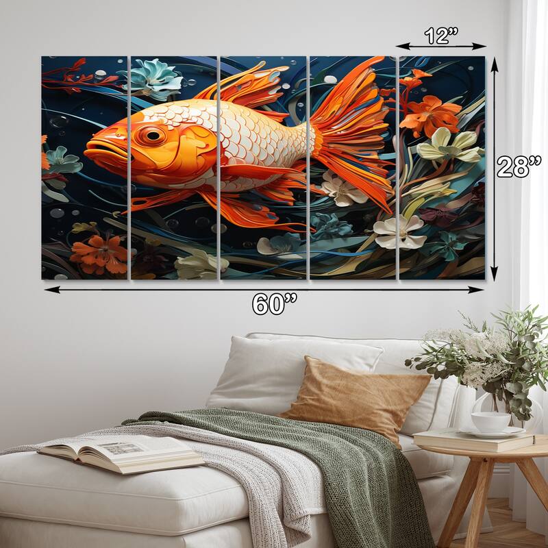 Designart "Geometric Orange Fish I" Animals Multipanel Canvas Print set