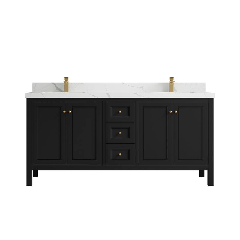 Willow Collections 72 in. W x 22 in. D Nashville Double Bowl Sink Bathroom Vanity with Countertop - 2”Calacatta Laza - Black
