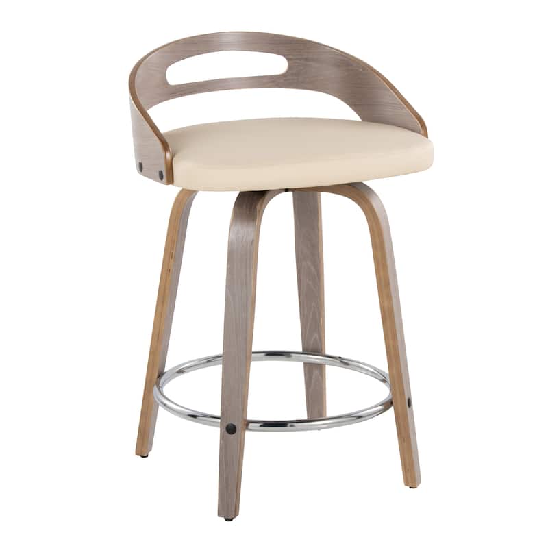 Carson Carrington Sadie 24" Fixed-Height Counter Stool with Bent Wood Legs & Round Footrest (Set of 2) - Cream PU/Light Grey Wood/Chrome Metal