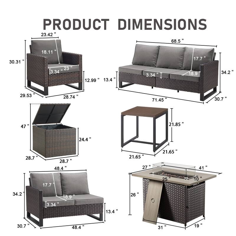 Gymojoy 7 Person All-Weather Wicker Outdoor Conversation Set Seating Group With Fire Pit Table