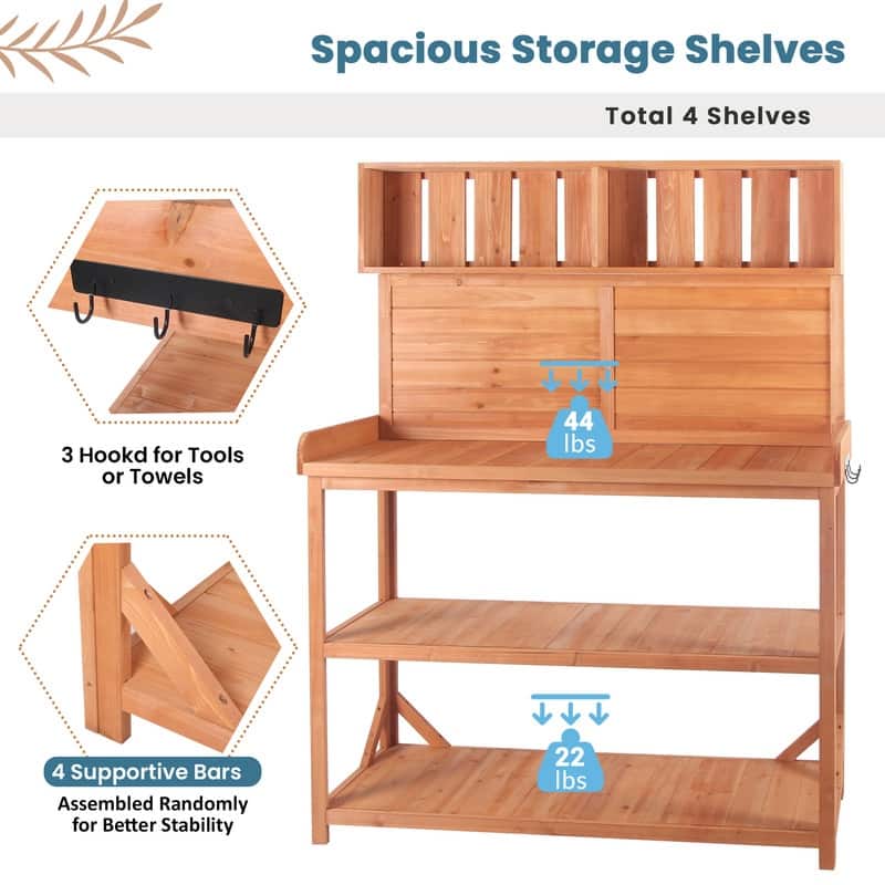 Large Wooden Outdoor Potting Bench Table, Patio Workstation, Garden Potting Bench with 4 Storage Shelves and Side Hook