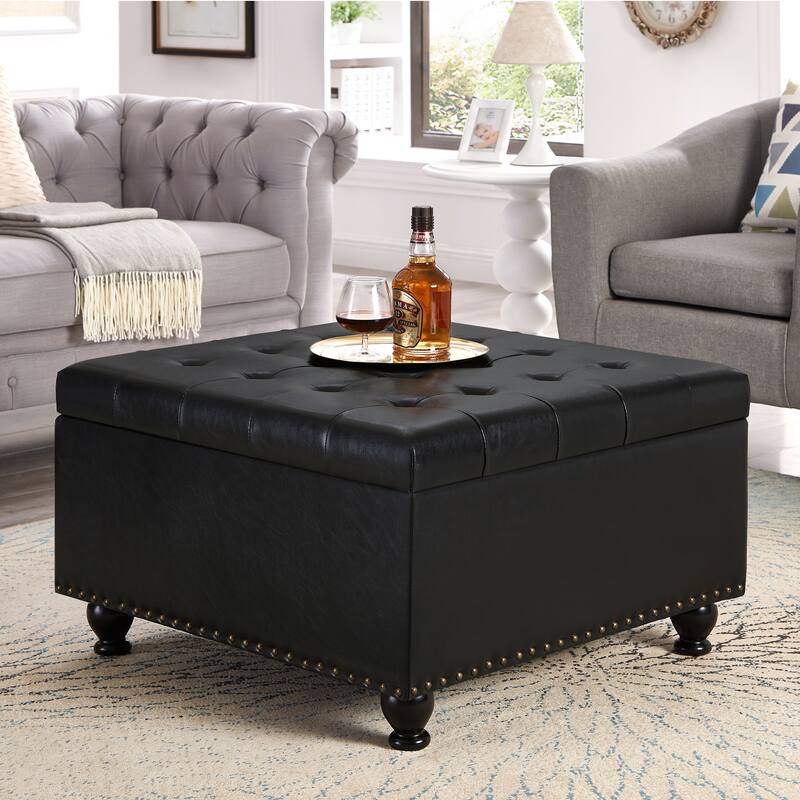 30" Faux Leather Storage Ottoman with Nail Trims & Wooden Legs - Multi-Use - Black PU