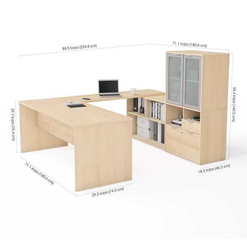 Bestar i3 Plus U-Desk with Frosted Glass Door Hutch
