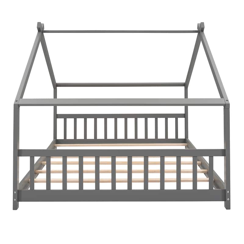 Wooden Twin/Full House Bed with Roof Design, Playful Space for Kids