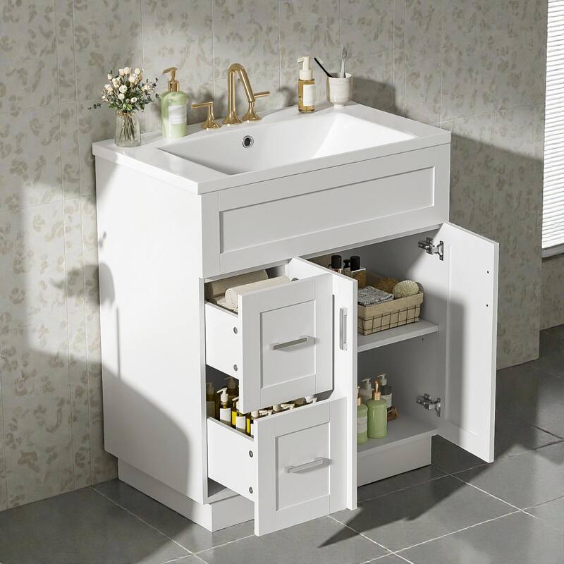 30" Bathroom Vanity with 2 Doors & 2 Drawers, Adjustable Shelf, Soft-Close Hinges and Damped Drawer Slides