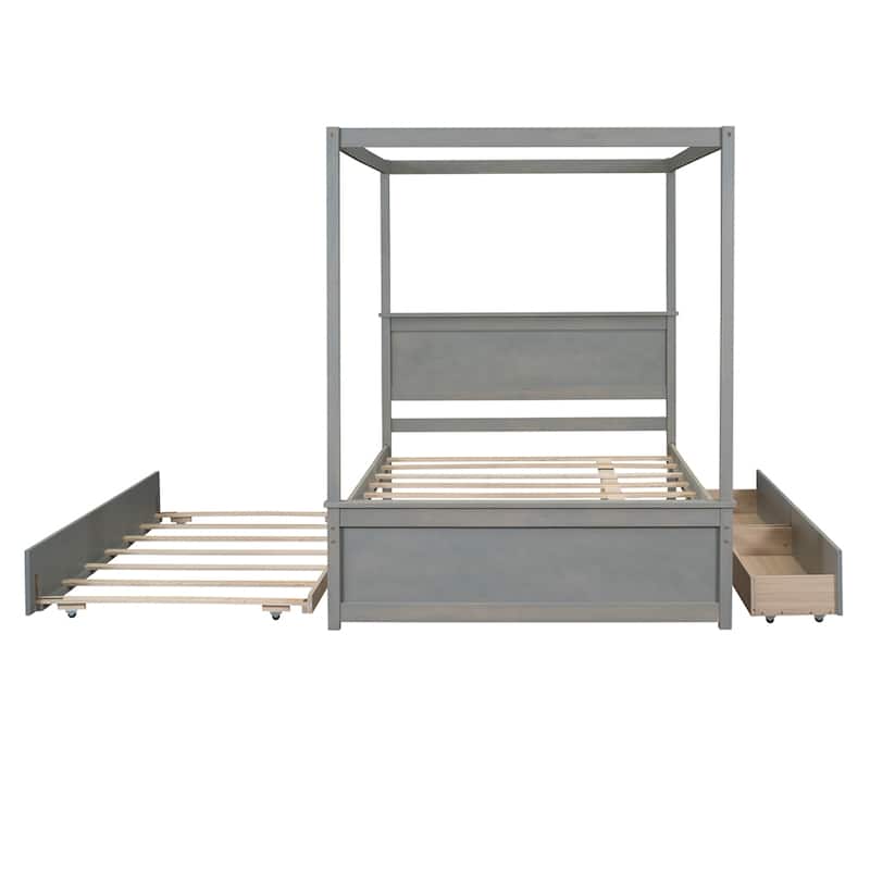 Wood Full Size Canopy Platform Bed with Trundle Bed and Two Drawers