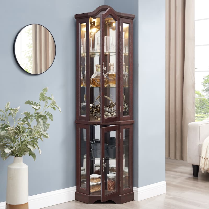 Lighted Glass Display Curio Cabinet, Curved Wood Corner Cabinet, China Cabinet with Tempered Glass Doors & Shelves