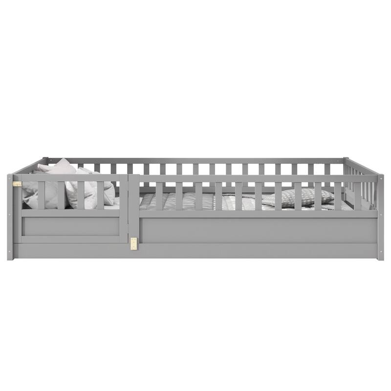 Grey Twin Size Pine Floor Bed with High Security Barrier & Door