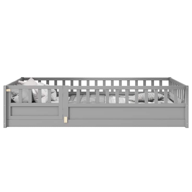 Grey Twin Size Pine Wood Floor Bed with Full-Length Guardrail and Door