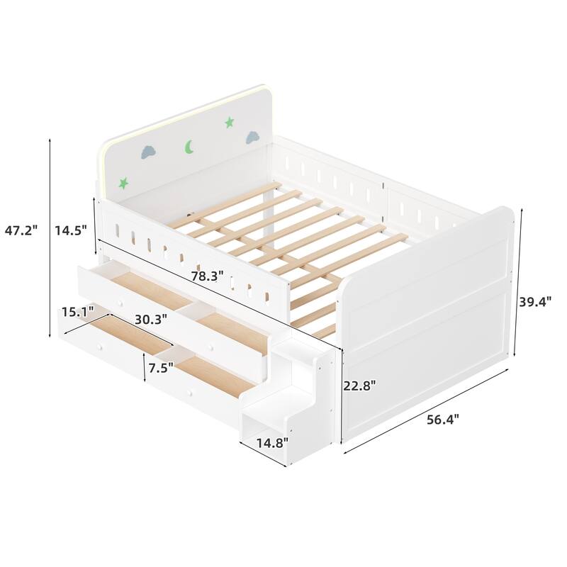 Wooden Full Size Bed Frame with Fun Headboard Built-in LED Light and Pull-out Storage Drawers, Staircase
