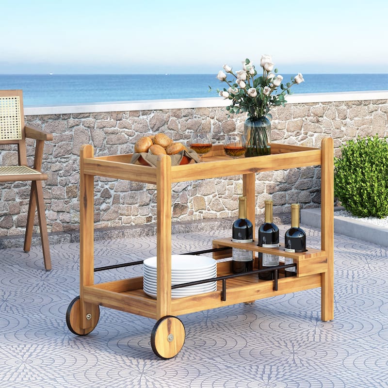 Roomfitters Outdoor Wooden Rolling Bar Cart with Wine Glass Holders and Storage Shelves, Natural Wood